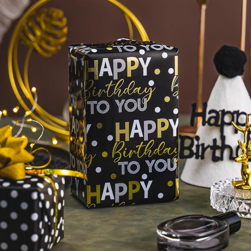 MAYPLUSS Reversible Black Birthday Wrapping Paper Roll - 17 Inch X 33 Feet - Glitter Happy Birthday Lettering Metallic Foil Paper Boy Gift Wrap w/Polka Dot for Party Father's Day Halloween's Day - Image 4